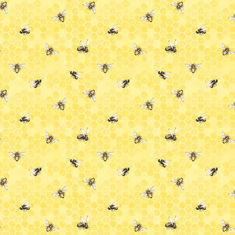 scattered bees on a butter yellow honeycomb background