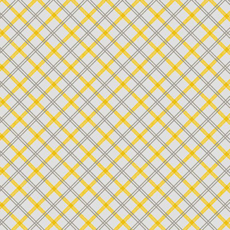gold and charcoal plaid on a pale gray background
