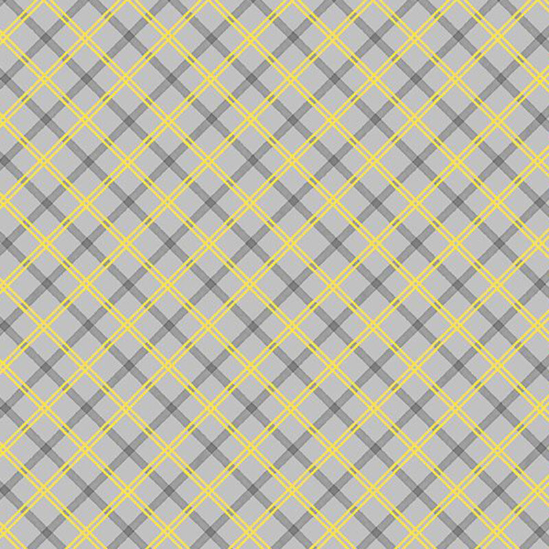 yellow and charcoal plaid pattern on a light gray background