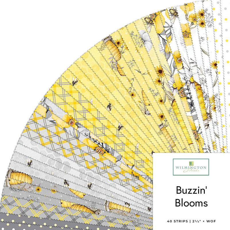 Fanned collage of fabrics from the Buzzin' Bloom collections featuring bee, plaid, and floral prints