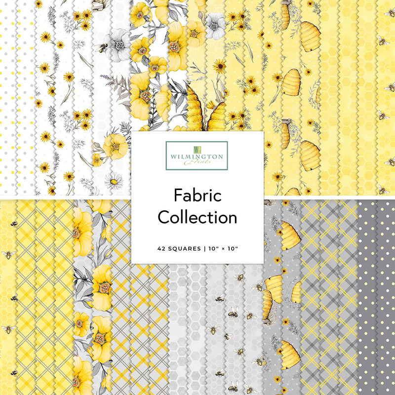 Collage of fabrics from the Buzzin' Bloom collections featuring bee, plaid, and floral prints