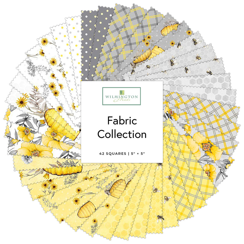 Circular collage of fabrics from the Buzzin' Bloom collections featuring bee, plaid, and floral prints
