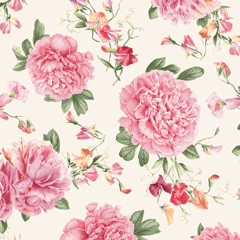 Pink peonies with leaves, stems, and floral buds on a soft ecru background.