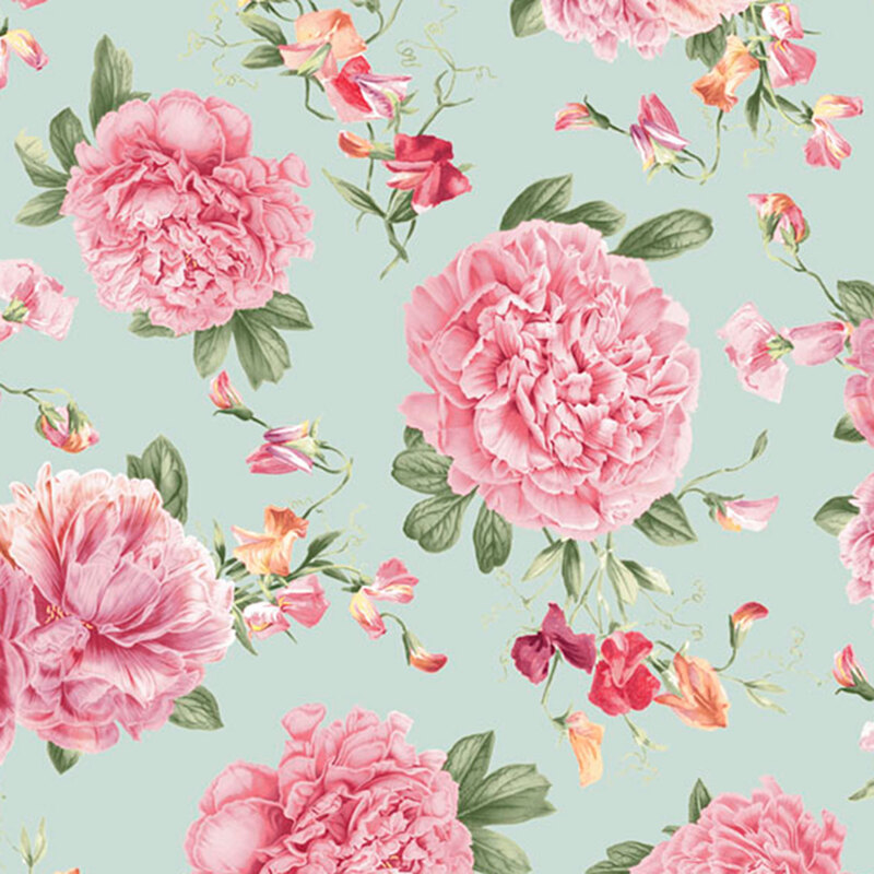 Pink peonies with leaves, stems, and floral buds on a pale aqua background.