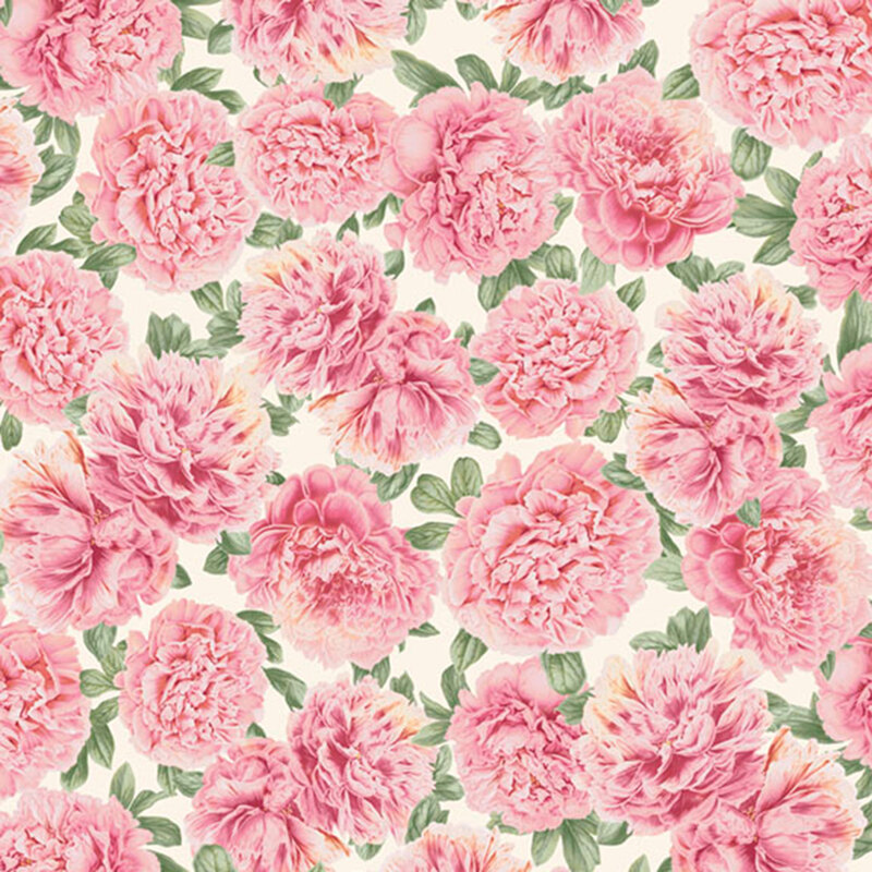 large pink peonies with green leaves tossed on a soft ecru background