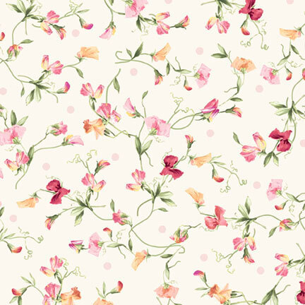 pink and cream floral blossoms with trailing vines on a soft ecru background with pink polka dots