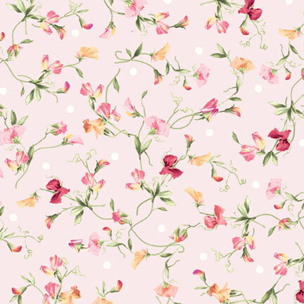 pink and cream floral blossoms with trailing vines on a pale pink background with white polka dots