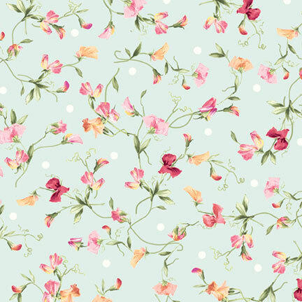 pink and cream floral blossoms with trailing vines on a pale aqua background with white polka dots
