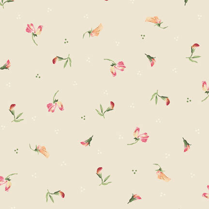 tossed floral sprigs accented by clusters of white and green dots on a beige background.