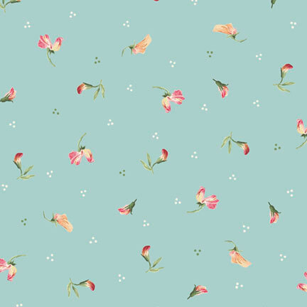 tossed floral sprigs accented by clusters of white and green dots on a teal background.