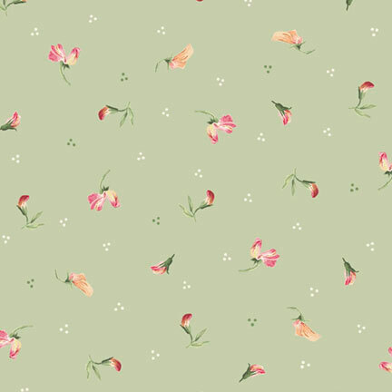 tossed floral sprigs accented by clusters of white and green dots on a sage background.