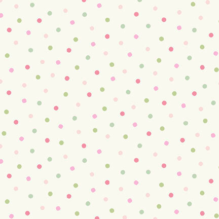 pink, green, and teal polka dots on an ecru background