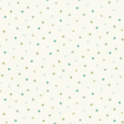 blue, teal, and green polka dots on an ecru background
