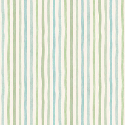 blue, teal, and green stripes on an ecru background