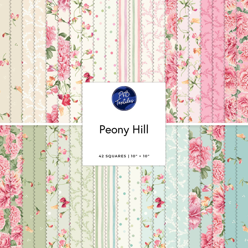 Square collage of fabrics from the Peony Hill collection featuring floral prints in cream, pink, green, and teal hues.