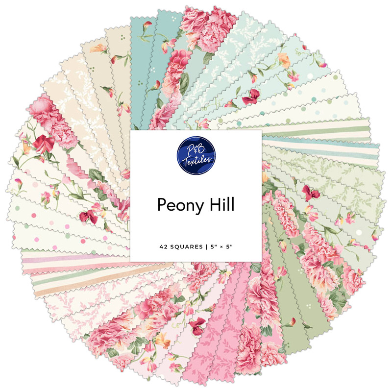 Circular collage of fabrics from the Peony Hill collection featuring floral prints in cream, pink, green, and teal hues.