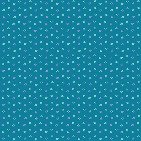 aqua and periwinkle open circle motifs on a teal blue background.