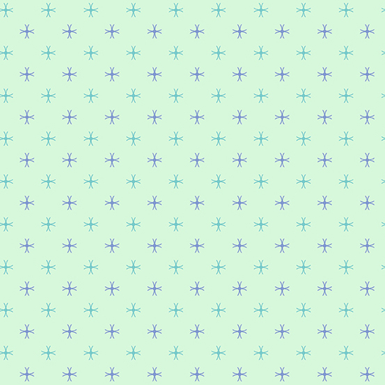 aqua and periwinkle stylized sunburst motifs on a pale mint background.