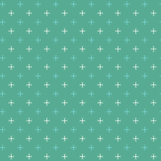aqua and white stylized sunburst motifs on a teal green background.