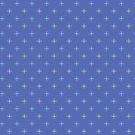 aqua and pistachio stylized sunburst motifs on a blue iris background.