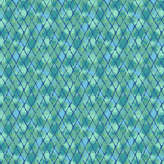 Aqua and teal fabric featuring a lattice grid pattern layered over a circular packed background.