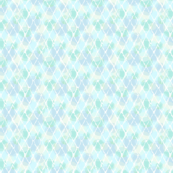 ice blue and bright aqua fabric featuring a lattice grid pattern layered over a circular packed background.