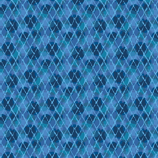 blue and teal fabric featuring a lattice grid pattern layered over a circular packed background.
