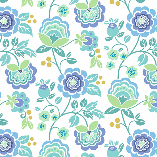 floral print with leaf and berry accents on a white background.