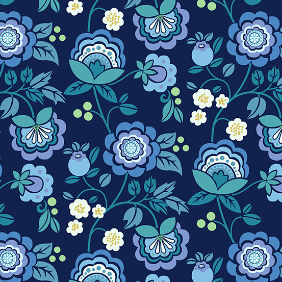 floral print with leaf and berry accents on a dark navy background.