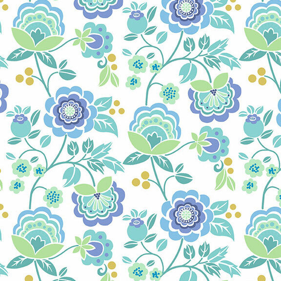 floral print with leaf and berry accents on a white background.