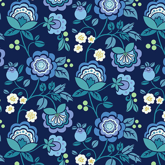 floral print with leaf and berry accents on a deep navy background.