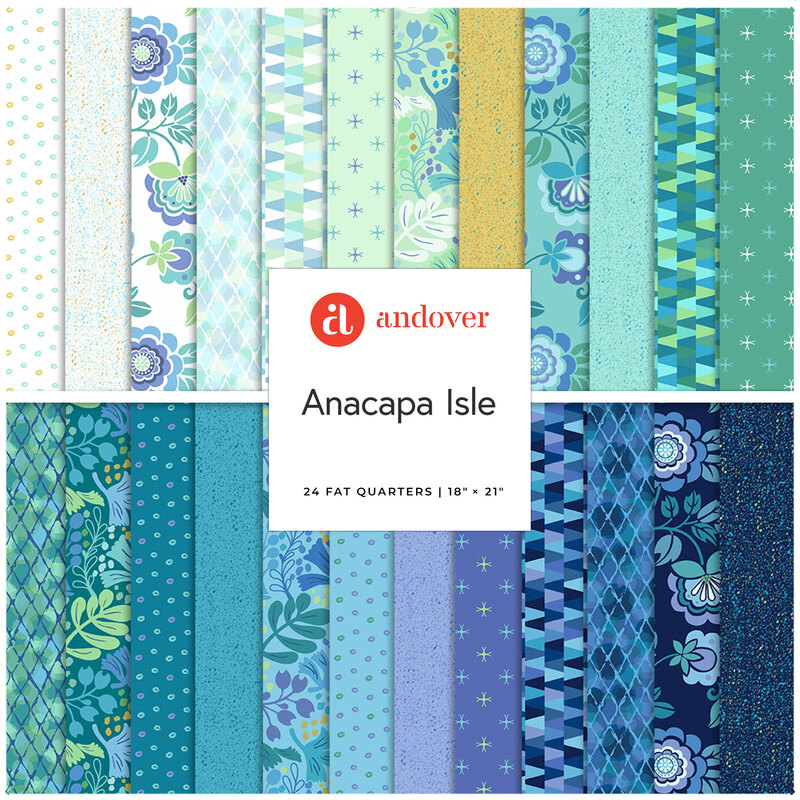 Square collage of the Anacapa Isle collection featuring coastal-inspired fabrics in blues, aquas, teals, and whites.