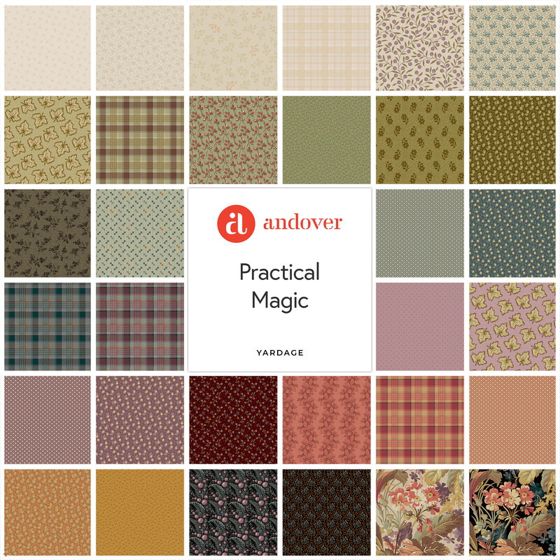 Collage of the available yardage products from the Practical Magic fabric collection.
