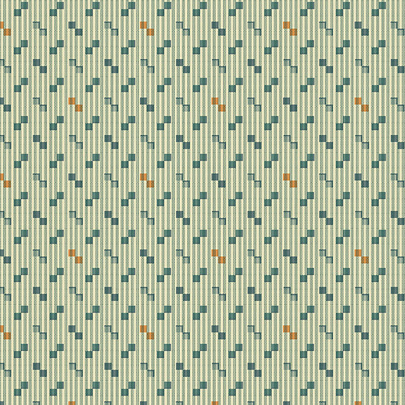 Juniper green striped fabric with teal and orange geometric squares layered on the fabric.