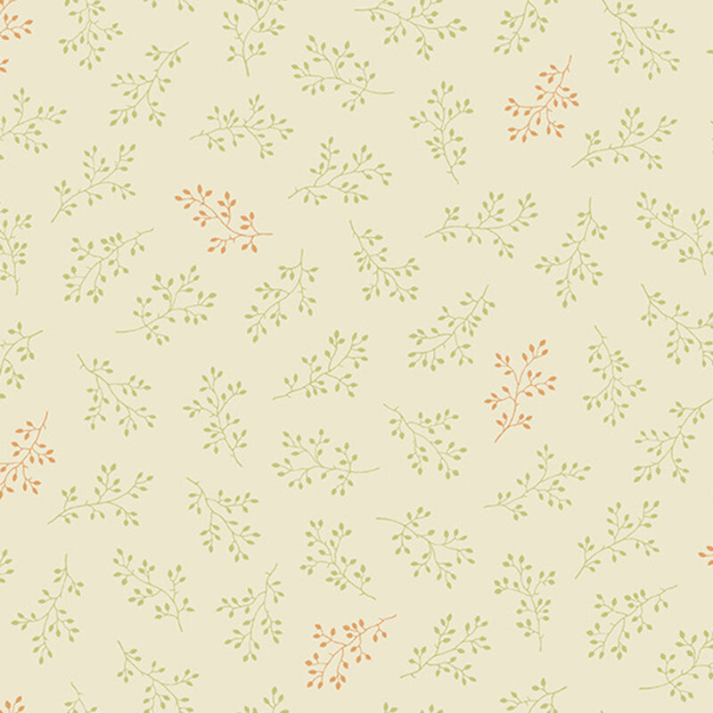 Cream fabric with tossed soft green and orange olive branches.