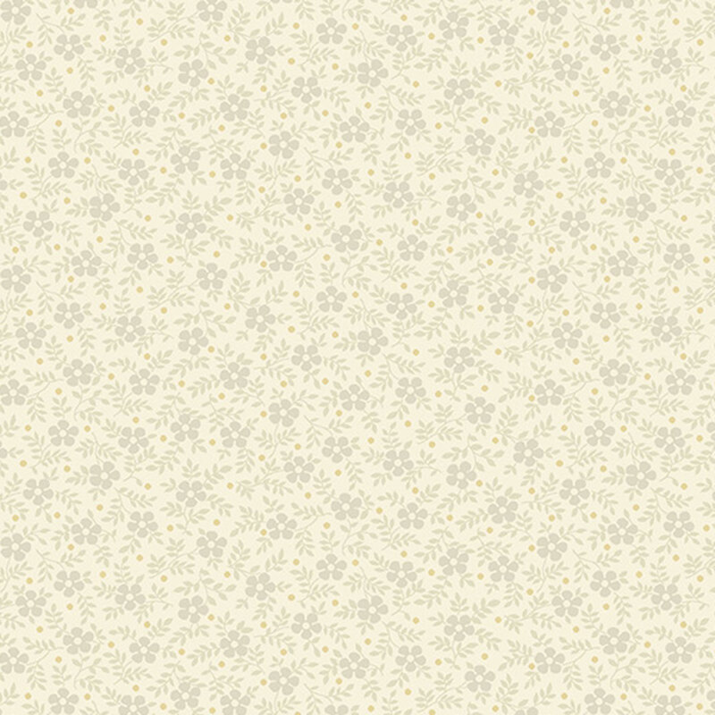 Cream fabric packed with small gray florals, leaves, and yellow dots.