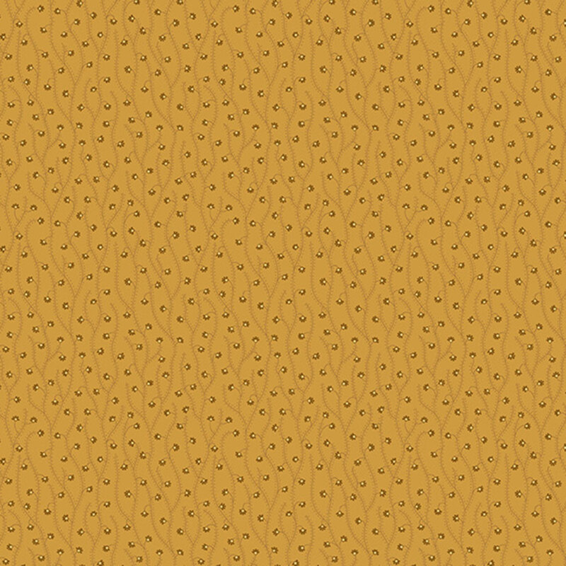 Turmeric fabric with stylized vines and florals strewn vertically on the fabric.