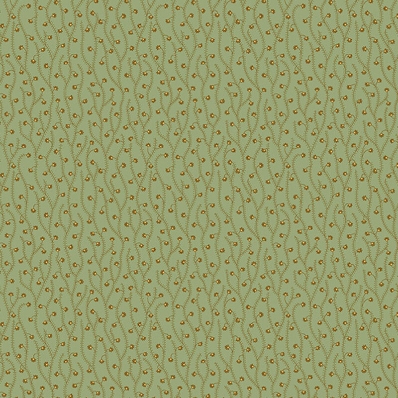 Dark sage fabric with stylized vines and florals strewn vertically on the fabric.