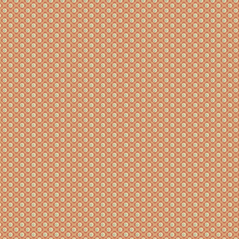 Orange fabric layered with half-drop grid of stylized burnt sienna and cream florals.