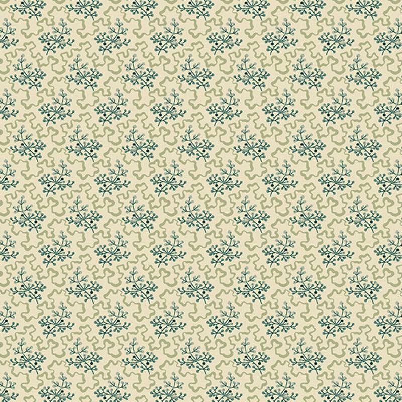 Off-white fabric covered in light blue sprigs of elderberries separated by wavy sage lines.