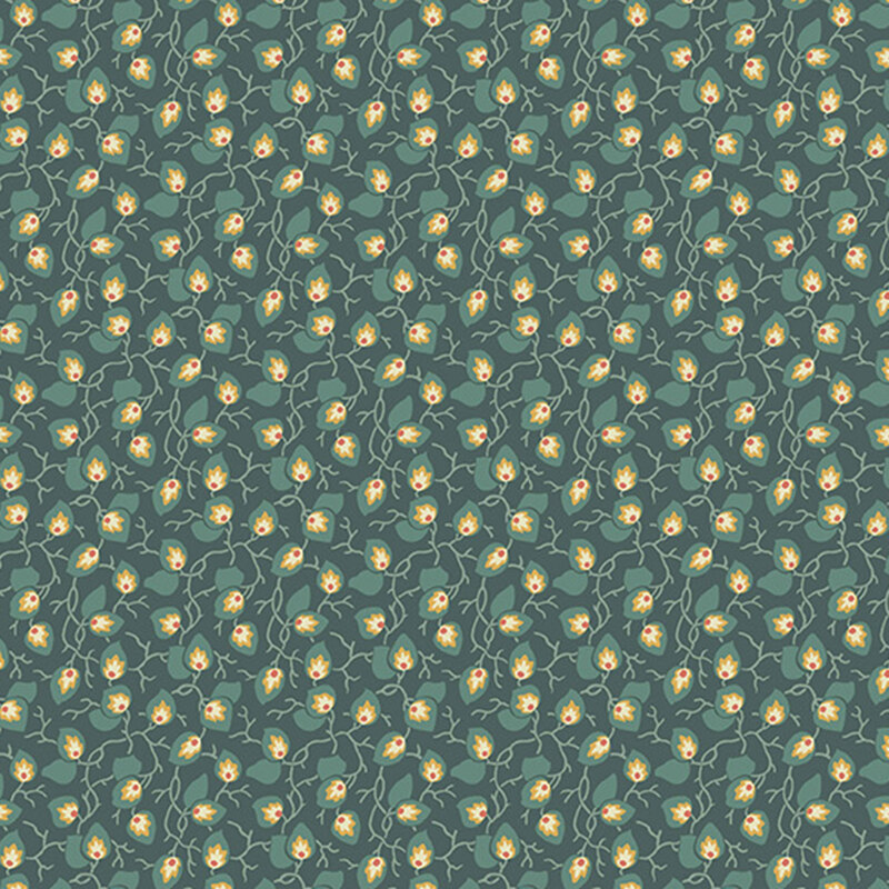 dark teal fabric with teal olive vines strewn across the entire fabric.