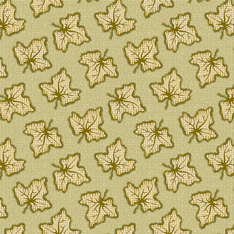 Textured primitive sage green fabric with tossed pattern of olive green leaves.