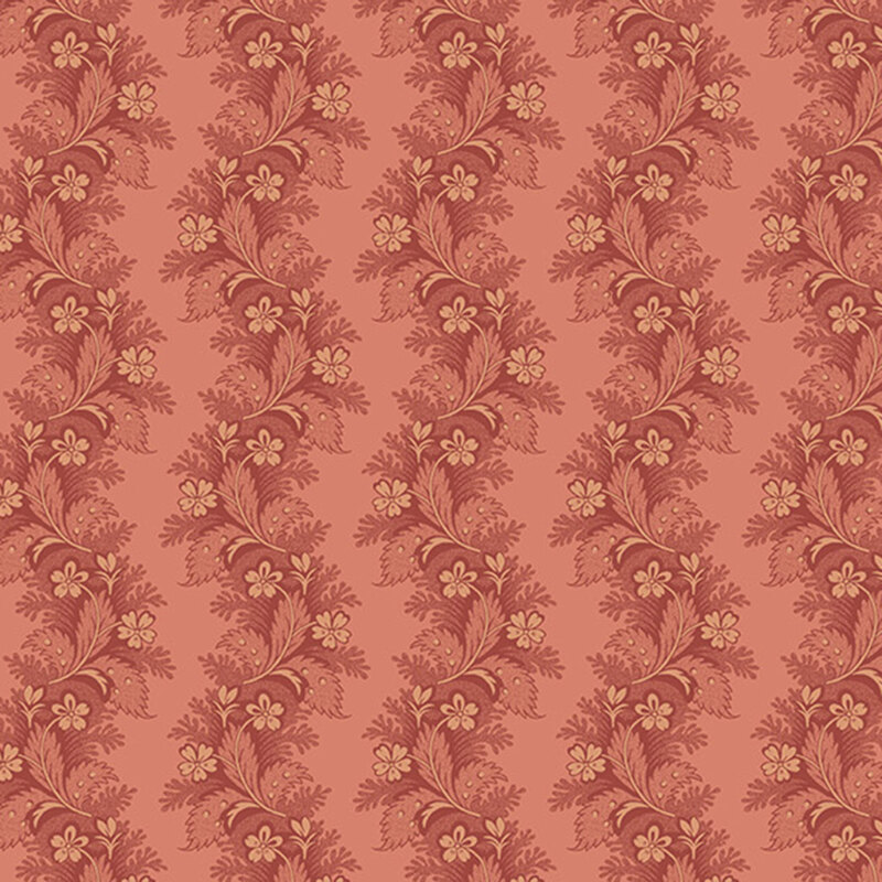 Amber terracotta fabric with rows of tonal waving leaves and florals.