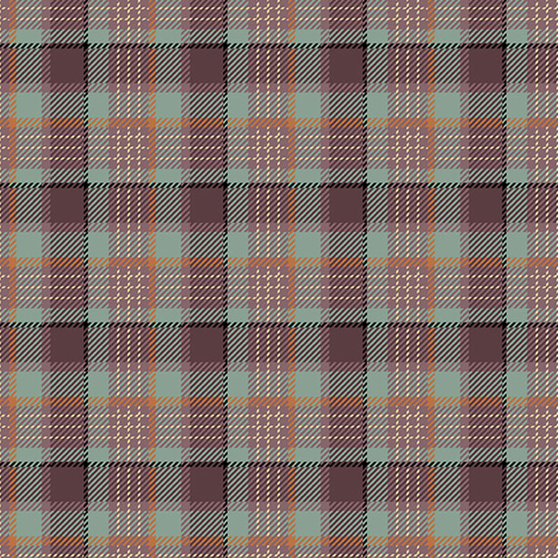 Teal fabric with mauve purple plaid design overlayed with copper orange window pane plaid.