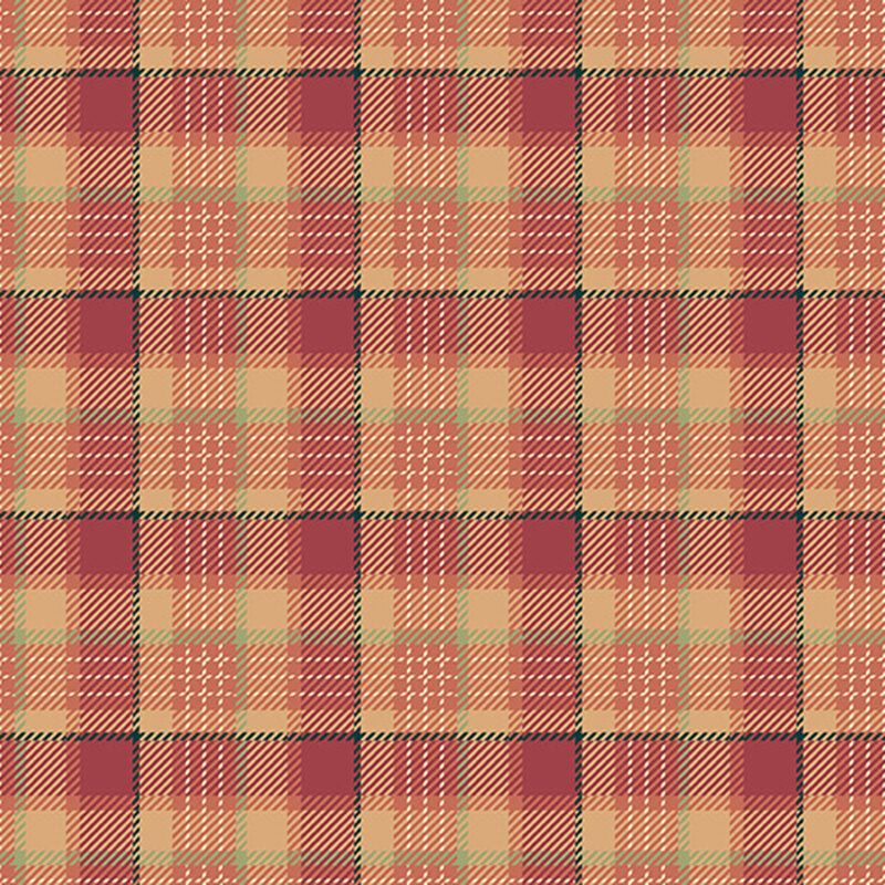 Orange fabric with orange-red plaid design overlayed with dark green window pane plaid.