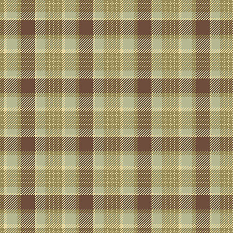 Sage fabric with brown plaid design overlayed with cream window pane plaid.