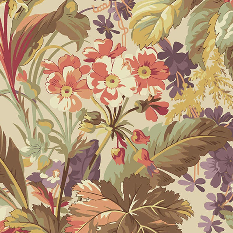 Earthy and salmon pink florals and leaves over a cream fabric.