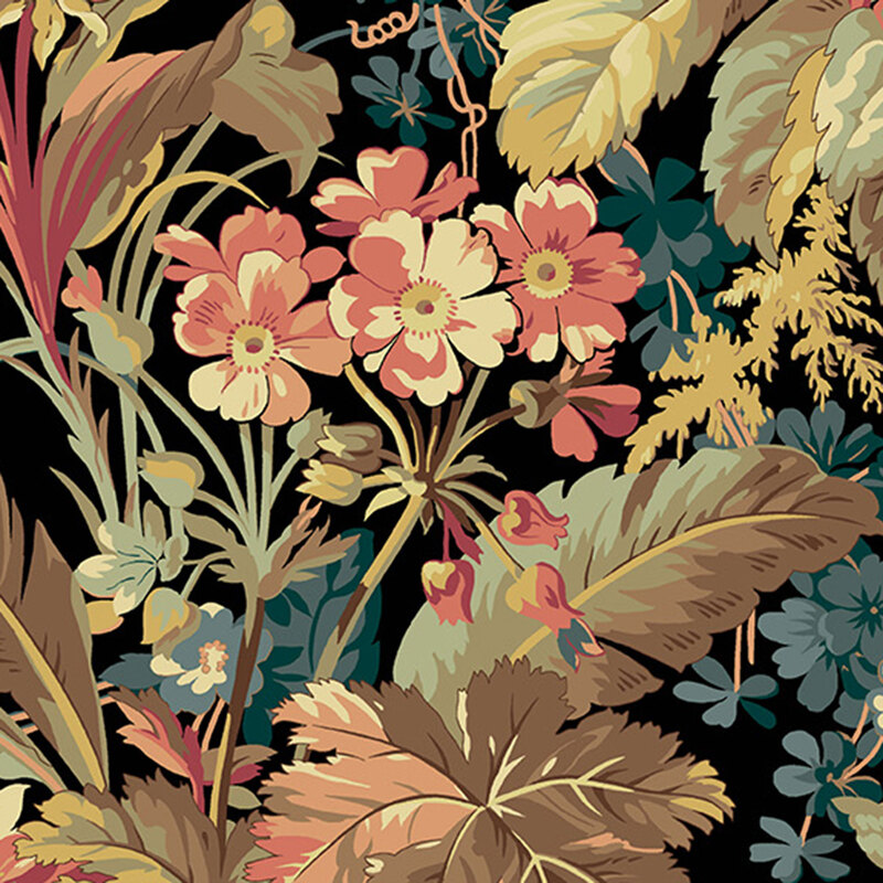 Earthy and salmon pink florals and leaves over a black fabric.