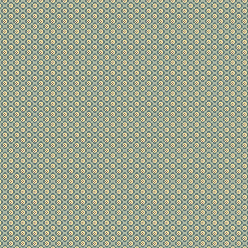 Teal fabric layered with half-drop grid of stylized dark teal and cream florals.