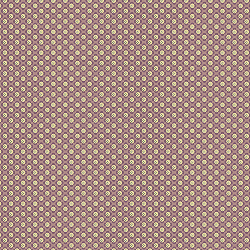 Dusty mauve fabric layered with half-drop grid of stylized purple and cream florals.